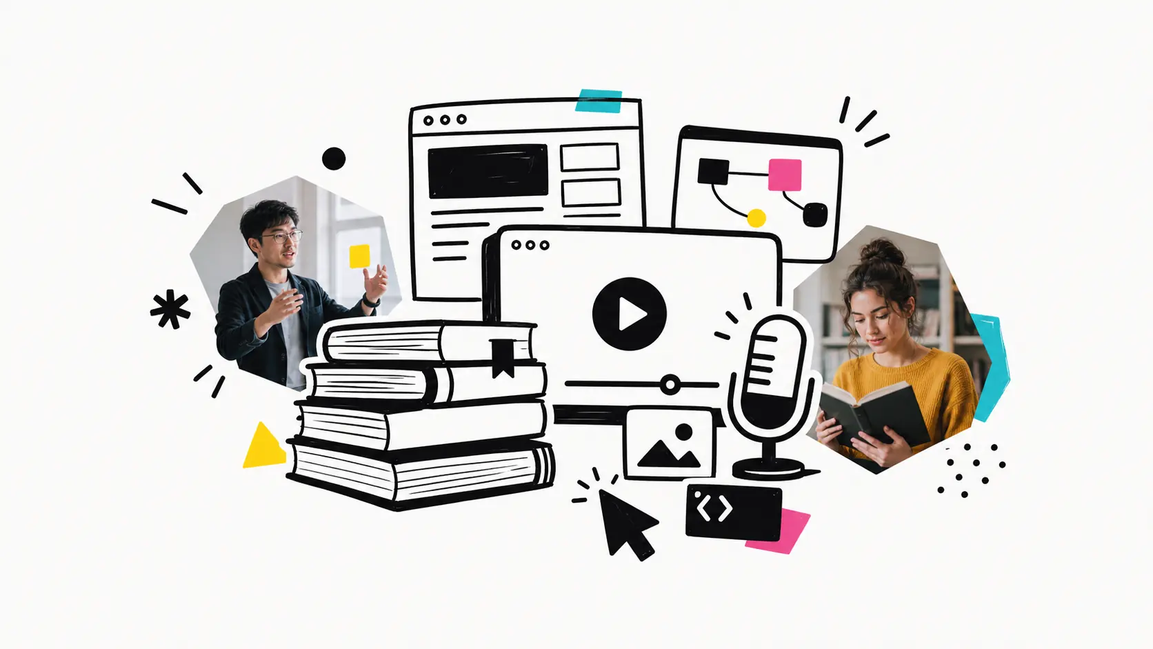 저서, 영상, 프로토타입 서비스를 상징하는 흑백 콜라주 일러스트